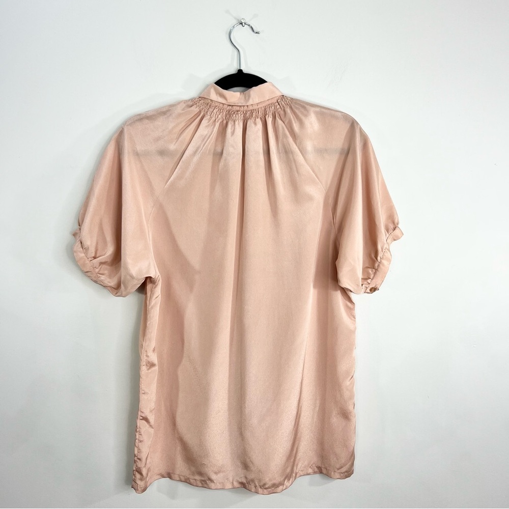 Vintage blush pink silky short puff sleeve smocked old money blouse S - Picture 5 of 13